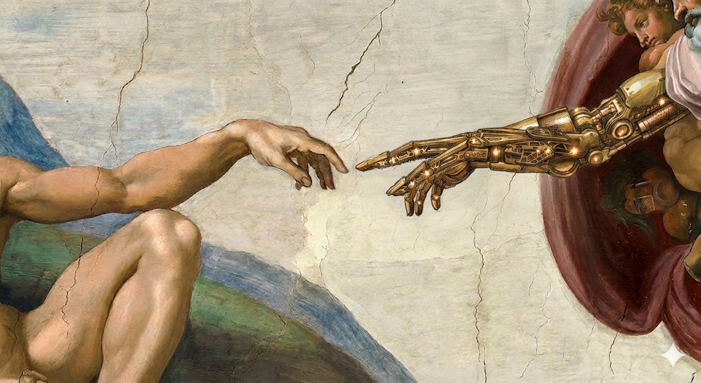 Da Vinci Creation — human hand reaching toward robot arm